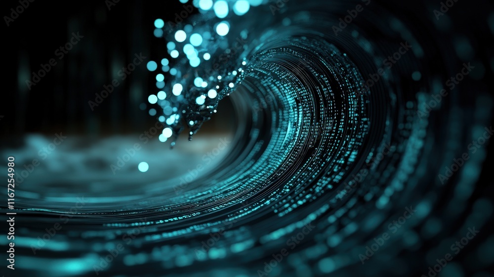 Fototapete Dynamic Digital Wave Forming with Glowing Particles Representing Data Flow in a High-Tech Environment with Bokeh Effects and Rich Blue Tones