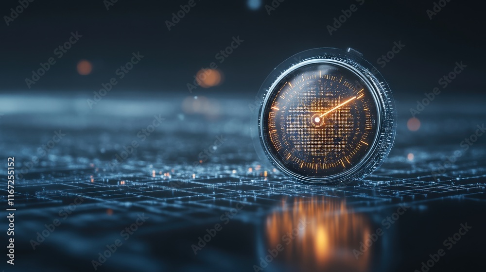 Poster Futuristic Compass with Digital Interface Set Against a Technology-Inspired Background Featuring Light Effects and Reflections in a Cyber Space Environment