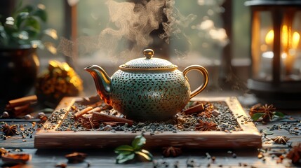 Warm Aromatic Tea Kettle with Spices on Wooden Tray