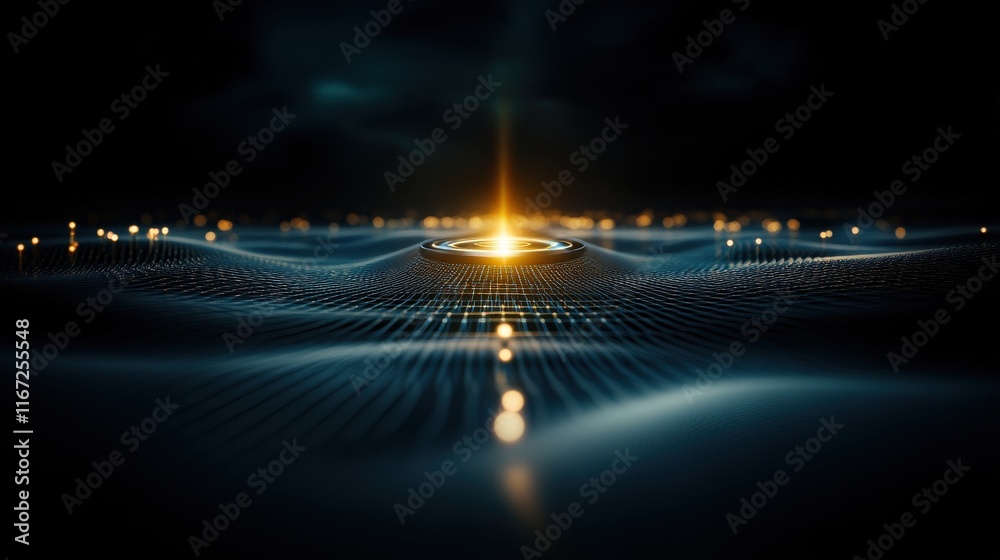 Poster Abstract futuristic image showcasing luminous points emerging from a wave-like surface, creating a glowing center that symbolizes innovation and technology.