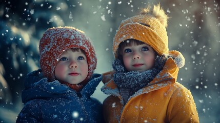 Children bundled up in winter coats, playing in the snow, joyful winter fun.