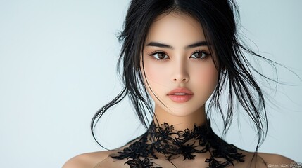 Professional beauty shot oriental model high end fashion soft glamour lighting neutral setting Ultra-Realistic Photo Realistic highly detailed 