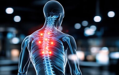 A digital illustration of a human skeleton highlighting the spinal column with red dots, symbolizing pain or injury in a clinical setting.