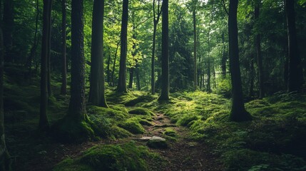 Mossy forest path under dense canopy.