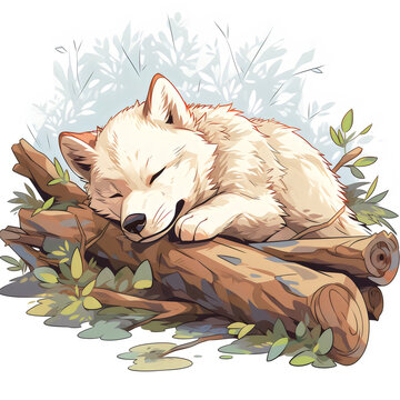 recommend clip art: wolf cub in nature sleeping pose illustration isolated white background, sleeping wolf cub, clipart