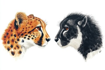 Obraz premium A watercolor illustration of a cheetah and a black panther facing each other.