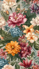 A vibrant floral pattern featuring large peonies, lilies, and other assorted flowers in shades of coral, white, and green against a dark background.