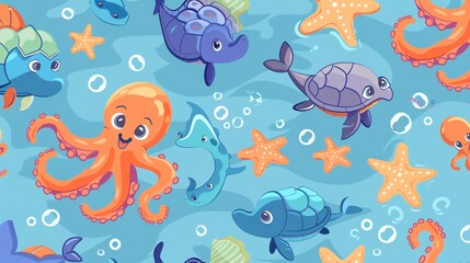 Sea Life Seamless Pattern with Repeating Animals for Designs