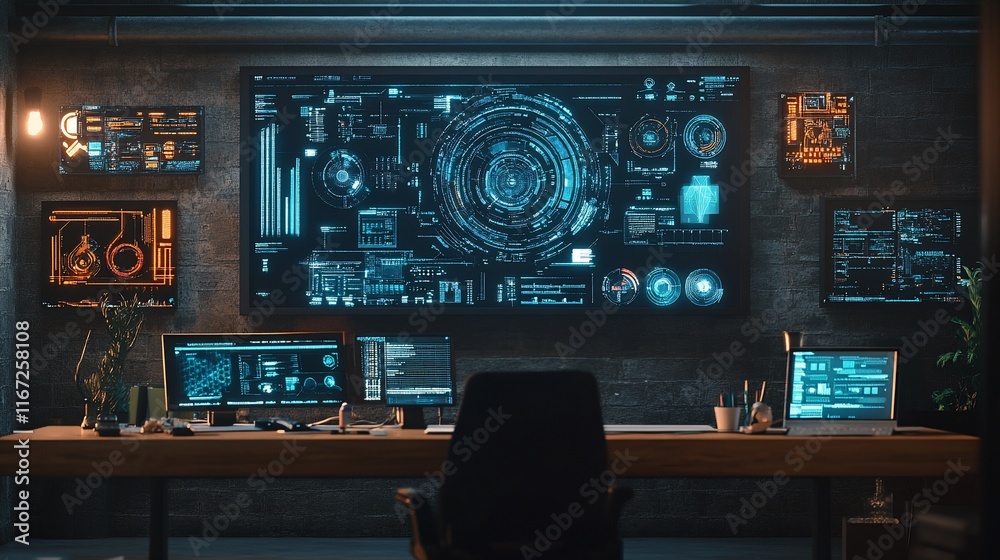 Poster dark tech workspace with digital monitors, data, and a desk.