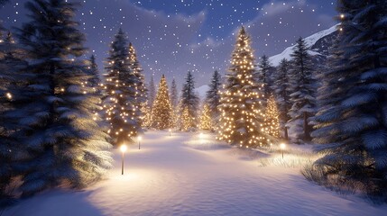 Snow-covered evergreen trees with twinkling lights, festive winter scene.