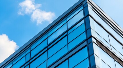 Obraz premium Reflecting Modern Glass Skyscraper with Blue Sky and Clouds