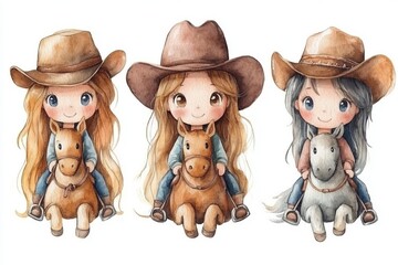 Three cute children in cowboy hats riding toy horses, showcasing a playful and whimsical theme.