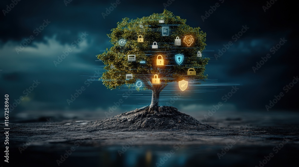 Poster digital security tree with technology icons and cyber protection symbols surrounded by dark clouds a