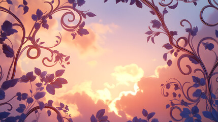 Majestic Art Nouveau Sunset: Swirling Light Patterns and Flowing Clouds Infused with Warm Pastel Shades