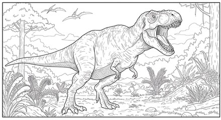 Fototapeta premium Detailed illustration of a roaring Tyrannosaurus Rex dinosaur in a prehistoric landscape with lush vegetation and flying reptiles, concept for educational materials, dinosaur exhibit and kids' book