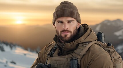 Professional photograph of an experienced operative in winter combat gear, traversing snowy alpine terrain at dusk Ultra-Realistic, Photo Realistic, highly detailed, 