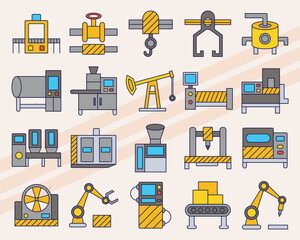 Set of vector icons related to industrial equipment and machinery including tools gears and machines