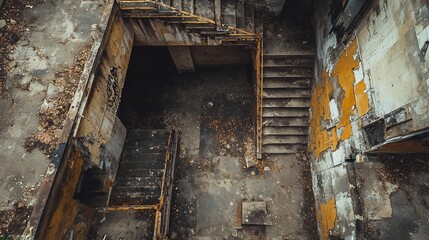 Dilapidated stairs with peeling paint.