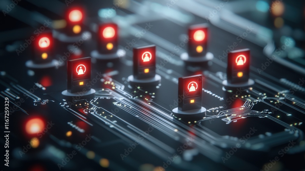 Poster Abstract Representation of Digital Circuit Board with Red Warning Signs Illuminated Amidst Complex Electronics and Connections