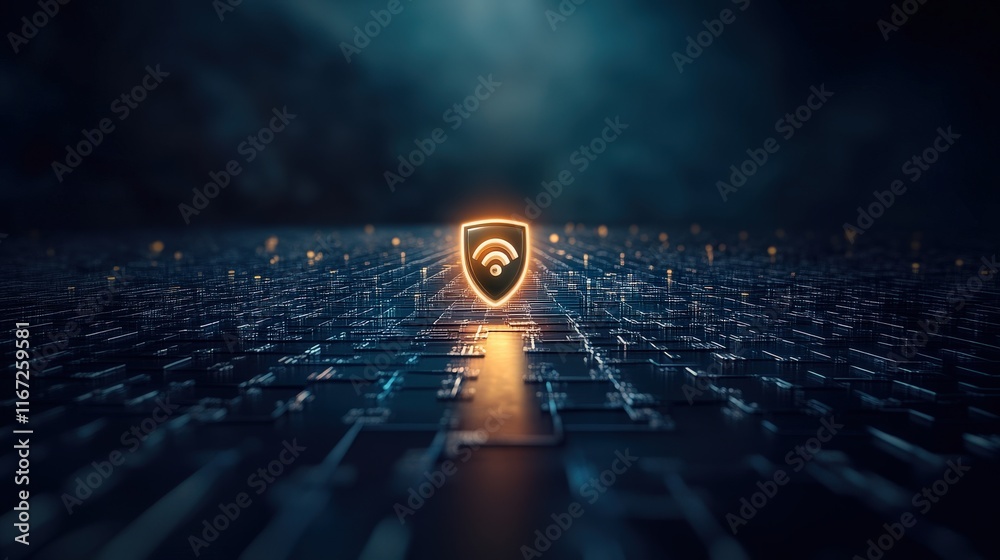 Poster Stunning Conceptual Visual of a Shield Icon with Wi-Fi Signal Symbolizing Cybersecurity and Digital Protection Against Threats in a Futuristic Network Environment