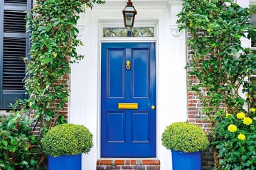Blue front door on white wall