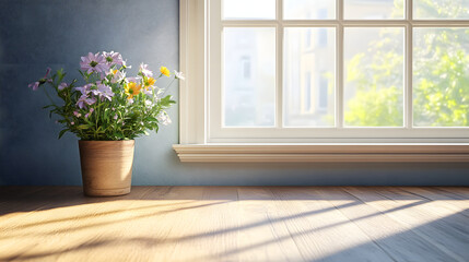 tranquil room features wooden windowsill adorned with vibrant flower pot, casting soft shadows on floor, creating serene atmosphere filled with natural light