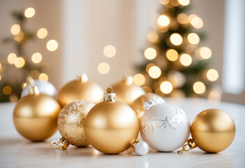 Gold Christmas Ornaments in Front of a Blurred Tree