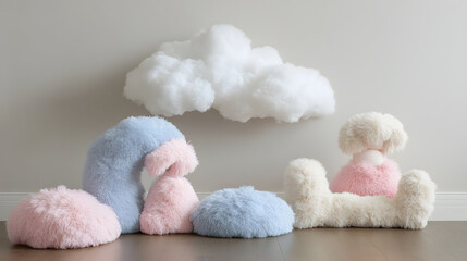 whimsical arrangement of fluffy pastel cushions in pink and blue, complemented by soft cloud decoration. This cozy setup creates playful and inviting atmosphere