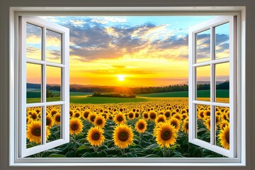 Modern white windows open with a view of a field of sunflowers in the evening © kenkuza