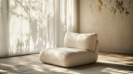 A serene lounge chair with soft linen cushions, styled in a Scandinavian minimalist design, placed in front of a large frosted glass window with warm amber sunlight filtering through. The background f