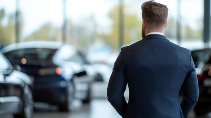 businessman in suit stands in car dealership, observing vehicles. modern setting features luxury cars and bright atmosphere, creating professional ambiance