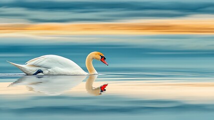 Obraz premium Serene swan swimming on calm water at sunset, reflecting its image.
