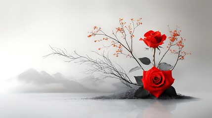 Classical holiday composition featuring winter roses and dried botanicals, antique photographic process Ultra-Realistic, Photo Realistic, highly detailed, 