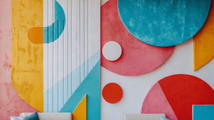 Colorful geometric shapes on textured wall.