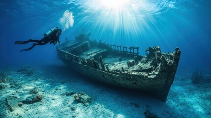Fototapeta premium Sunken Ship: Scuba Diver Explores Shipwreck in Blue Mediterranean Waters 
