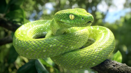 Fototapeta premium Menacing Venom: Close-Up of a Coiled Venomous Snake on Branch with Reflecting Scales in Jungle Environment