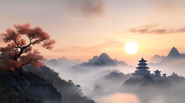 A vast and magnificent landscape stretching for miles, with majestic mountains and winding rivers, distant towering city walls with nine gates, decorated with golden studs and red lacquer, bathed 