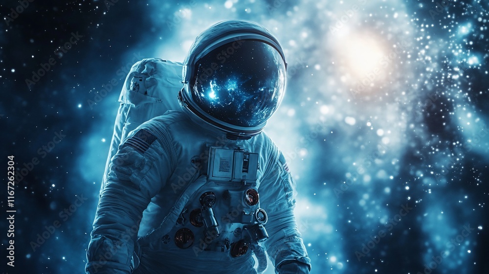 Poster Astronaut in spacesuit against cosmic backdrop.