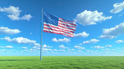 American flag waving in grassy field under blue sky with clouds.