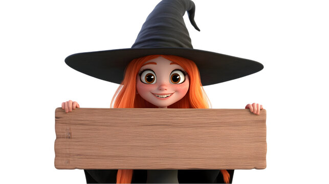 Cute Witch Holding Wooden Sign  Halloween  Fantasy  Cartoon  Girl   Child   Autumn  Octobe