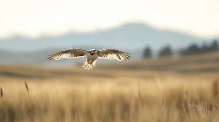 Majestic Hawk Hunting in Blur: A Close-Up of a Powerful Predator Diving in Grassland Landscape with Mountains in Background