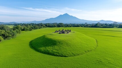 Aerial view of a green landscape with a hill and mountain backdrop.