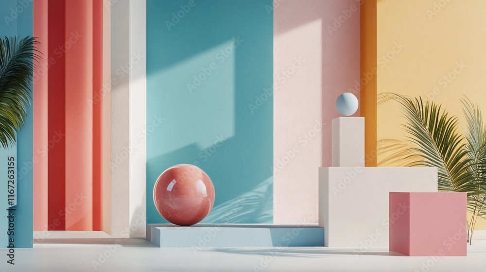 Poster pastel colored abstract geometric shapes with two balls.