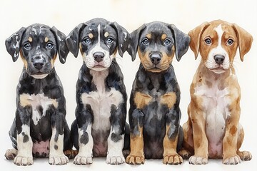 Four adorable puppies sitting in a row, showcasing their unique coat patterns and colors.