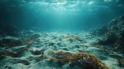 Obraz premium Submerged Serenity: An Underwater Landscape of Sandy Depths and Seaweed