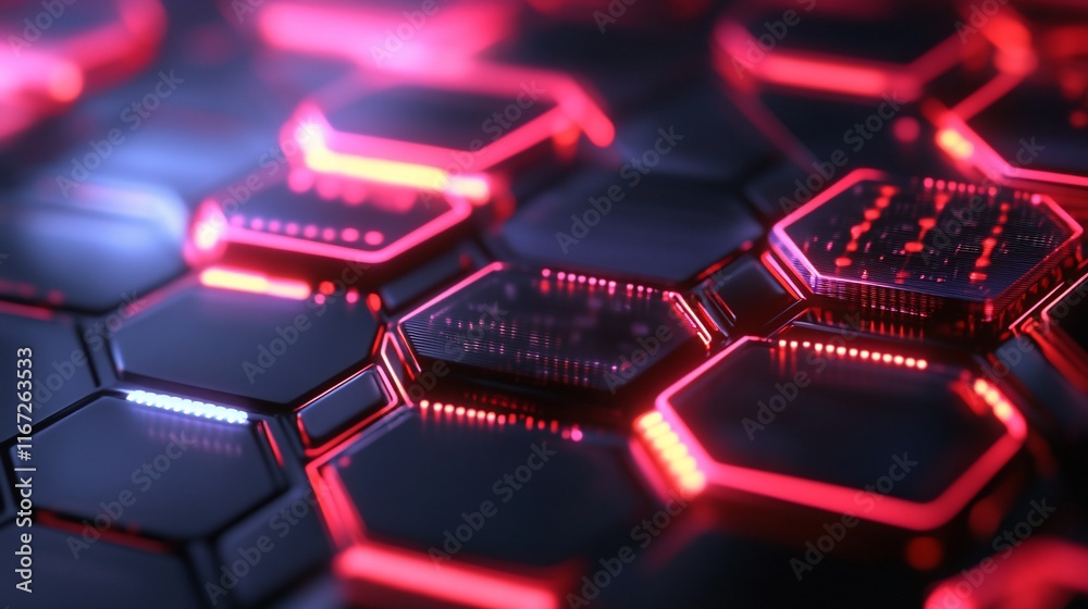 Aufkleber hexagonal tech pattern, glowing red with detailed circuits.