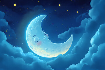 Fototapeta premium A whimsical illustration of a smiling moon surrounded by fluffy clouds and twinkling stars.
