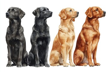Fototapeta premium A watercolor illustration of four sitting dogs in varying shades of color.