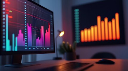 Holographic Business Data Charts and Analytics Floating Above Desk