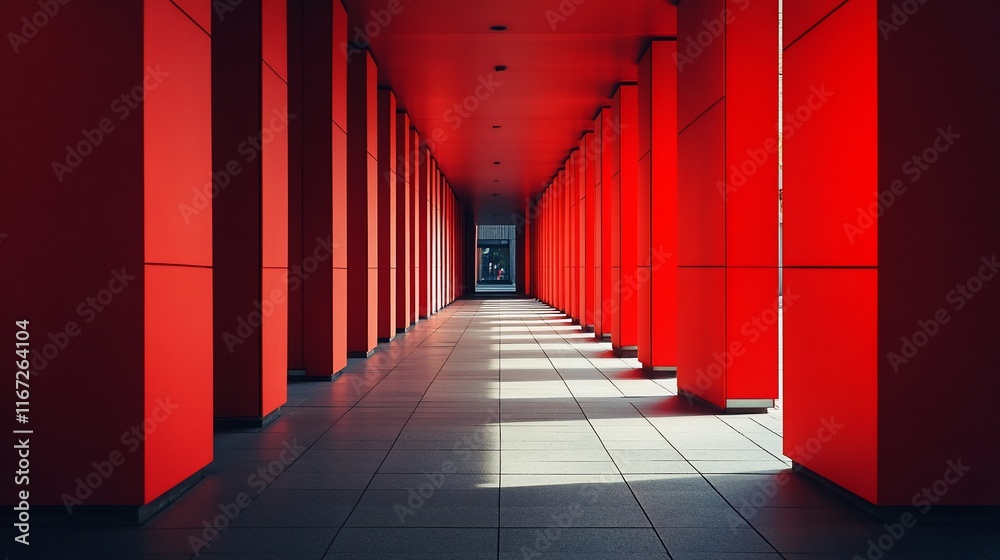 Aufkleber Red columns create a long tunnel-like walkway.